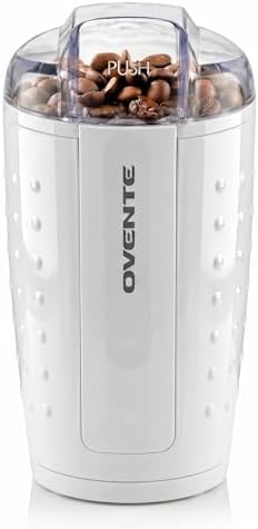 OVENTE Electric Coffee Grinder with One Touch Push-Button, White CG225W | 2.5oz Capacity, 150W Motor, Stainless Steel Blades for Uniform Grinding of Beans, Spices, Herb, Nuts & More, Safety Lock Lid