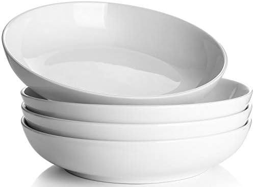 Y YHY 9.75" Large Pasta Bowls, 50 Ounces Big Salad Bowls, Ceramic Serving Bowl Set of 4, Wide and Shallow Bowls Set, Microwave and Dishwasher Safe, White