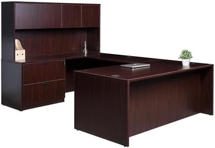 Boss Office Products Holland Executive U-Shape Desk with Lateral File Storage and Hutch, 66", Mocha