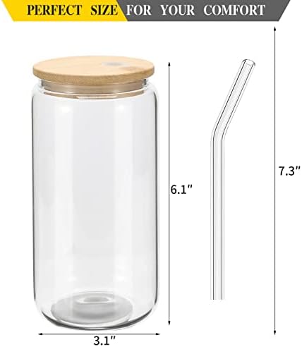 YOUKE OLA 20 Pack Glass Cups with Bamboo Lids and Glass Straw 16oz Beer Can Shaped Drinking Glasses Cups, Glass Tumbler Reusable Cute Cups for Whiskey