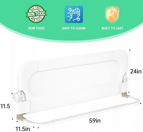 UPGOGO Folding Bed Rail for Toddlers, White, 71" L x 23.6" H | U-shaped base，Reinforced Anchors, Built-in Sponge , Secure lock