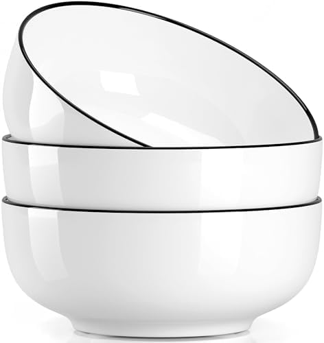NJCHARMS Large Serving Bowls, 8'' Big Soup Bowl 60OZ Set of 3, White Ceramic Bowl for Kitchen, Pho Bowl for Pasta, Ramen, Soup, Fruit Vegetable