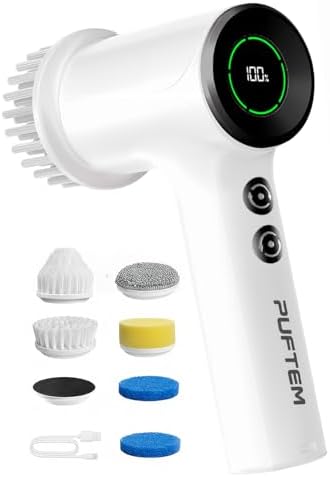 PUFTEM Shower Scrubber, Electric Spin Scrubber for Bathroom Cleaning – Cordless Shower Cleaner Brush with 6 Brush Heads, Dual-Direction Rotation