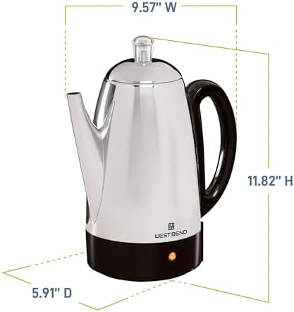 West Bend Electric Percolator Classic Style Coffee Maker with Heat Resistant Handle Base and Detachable Cord with Stainless Steel Stem and Basket