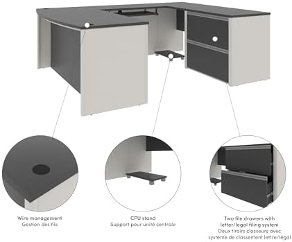 Bestar U-Shaped Executive Desk with Cabinet, Antigua/Black, Connexion, 72W
