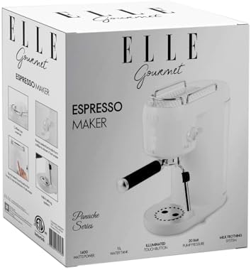 ELLE 1L Espresso Maker Latte and Cappuccino Maker with 20 Bar Pump Pressure and Illuminated Touch Button with Milk Frothing System and Cup Warmer 1400W White