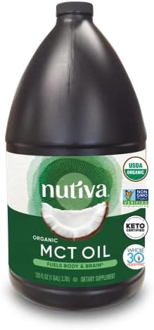 Nutiva Organic MCT Oil, Unflavored, 32 Oz, USDA Organic, Non-GMO, Non-BPA, Whole 30 Approved, Vegan, Gluten-Free & Keto, 14g MCT per Serving & Neutral Flavor for Energy Boost to Coffee, Shakes and Salads
