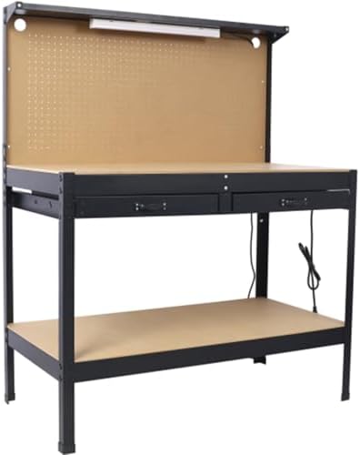 Heavy-Duty Steel Workbench with LED Light, 59'' Tool Storage Bench with Power Outlets & USB Ports, 200 lbs Capacity