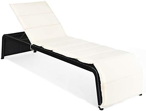 Tangkula Outdoor Chaise Lounge Chair, 5-Position Adjustable Rattan Recliner Chair w/Cushioned Seating and Adjustable Feet