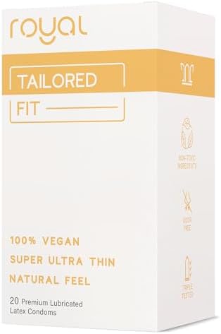 Royal Tailored Fit Ultra Thin Vegan Condoms - Premium Lubricated Condom Pack - Unflavored Lubricant, Organic Latex Rubber - Odorless, Slim