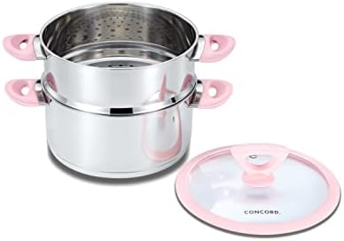 CONCORD 3 Quart Stainless Steel 3 Piece Steamer Cookware Set. Features 2 Quart Veggie Steamer and 3 Quart Cooking Pot with tempered glass lid.