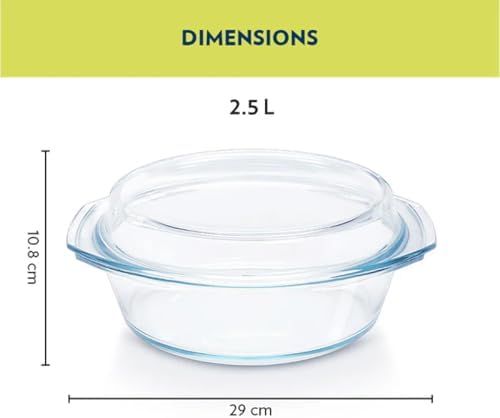 Borosil Glass Casserole - Oven and Microwave Safe Serving Bowl with Glass Lid, 2.5L