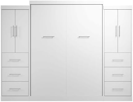 Bestar Nebula Queen Murphy Bed with 2 Wardrobes (115W) in White, Sleeping Arrangement and Closet Organizers for Multipurpose Room | 2 Wardrobes; supports up to 1000 lb; min. ceiling height 91.1 in.; dual piston mechanism; 10-year warranty
