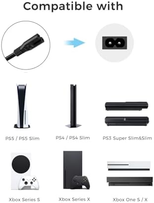 AC Power Cord for Sony PS5/PS4/PS3 Slim, Xbox Series S/Series X, Xbox One S/One X, 2 Prong C7 Universal TV Power Cable Replacement