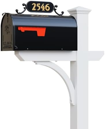 Argonne White Post & Black Mailbox (Large) | Personal curbside mailbox system features a large black aluminum mailbox, sturdy white square post, and custom house numbers.