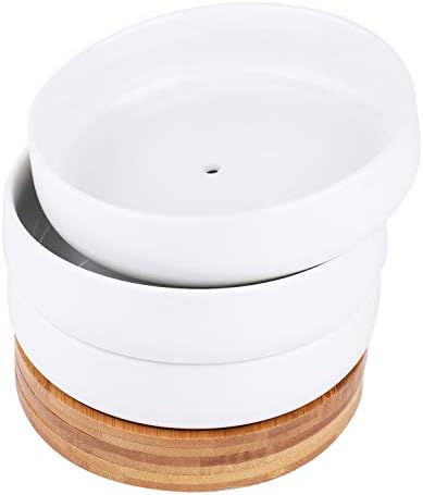 Lawei 3 Pack 6 inch Round Succulent Cactus Planter Pots with Drainage Bamboo Tray - Garden Ceramic Flower Planter Pot