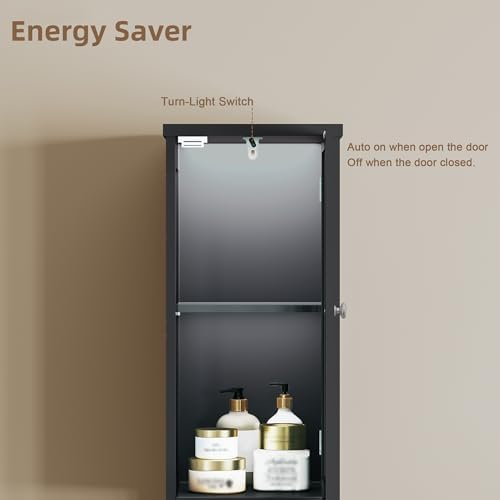 ChooChoo Narrow Bathroom Storage Cabinet with Light， Space Saving | Space Saving,Tall Bathroom Storage Cabinet, 5-Tier, 2 Doors, Slim, Freestanding, Adjustable Shelves, Black