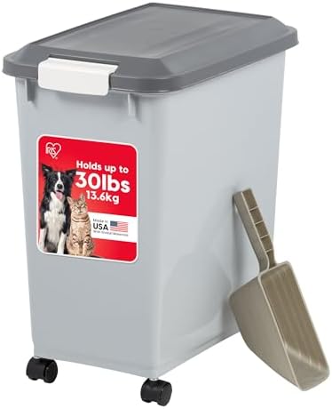 IRIS USA Dog Food Storage Container, Up to 30 lbs, Navy/Pearl, Made in USA | Wheels for Mobility, Airtight Seal, BPA-Free, Best for Bird Seed, Cat food, Cat Litter, Chicken Feed, Pellets