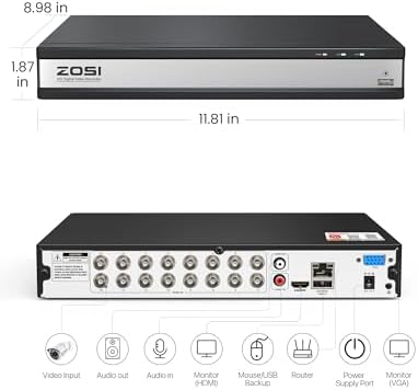ZOSI H.265+ 16 Channel 3K Lite Security DVR Recorder, Hybrid 4-in-1, NO HDD