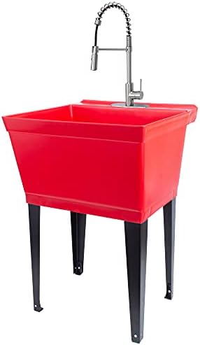 Utility Sink Extra-Deep Laundry Tub in White with High-Arc Stainless Steel Coil Pull-Down Sprayer Faucet, Integrated Supply Lines, P-Trap Kit