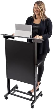 Stand Up Adjustable Height Lectern Podium | Rolling Desk with Storage Shelf | Ergonomic Standing Desk Frame for Office, Classroom, Laptop, Teaching, Presentations & More (Dark Walnut)