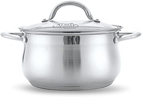 Alpine Cuisine 2-Quart Stainless Steel Dutch Oven with Tempered Glass Lid, Belly Shape, Heavy Duty & Dishwasher Safe