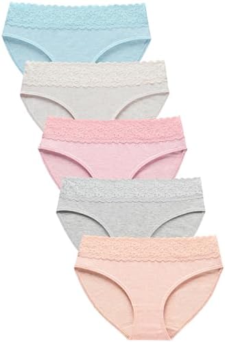 Wealurre Underwear Women Cotton Lace Waisted Bikini Panties 5-Pack