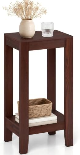 Giantex 2-Tier End Table Nightstand, Bedside Sofa Table for Living Room Bedroom, Narrow Telephone Table with Shelf and Legs for Small Spaces, Espresso