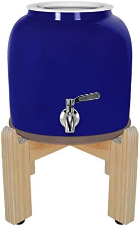 Geo Sports Porcelain Ceramic Crock Water Dispenser, 8 Inch Wood Stand, Stainless Steel Faucet, Valve Included. Fits 3 to 5 Gallon Jugs. (Blue)