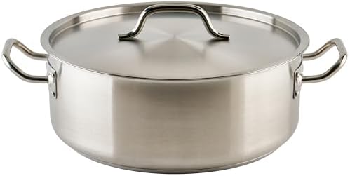 Winco 15 qt Stainless Steel Brazier Pan with Lid | Flat bottom, Wide base, Riveted handles, Induction safe, Great for Braising, Simmering, Batch Cooking and Restaurant Kitchens