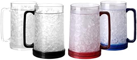 Double Wall Gel Frosty Freezer Ice Mugs Clear 16oz Set of 4 (Blue, Red, Orange and Green)