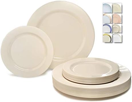 OCCASIONS 50 Ivory Disposable Plastic Plates for 25 Guests (Plain Ivory) | Heavy Duty Fancy Wedding Party Dinner & Salad/Dessert Set, 25x10.5" + 25x7.5", China-Like Look, BPA Free & Recyclable