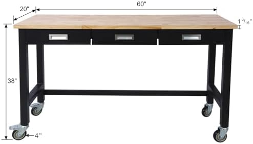 Work Bench, Workbench with Drawer Storage, Heavy Duty Bamboo Wood Work Table with Wheels for Garage Home Office (48 Inch)