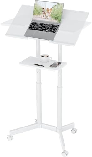 BONTEC Lecterns & Podiums Portable Mobile Standing Laptop Desk, Sit Stand | Height Adjustable, Home Office Classroom Pulpit Stand Up Desk Workstation, Rolling Table Laptop Cart with Storage Tray