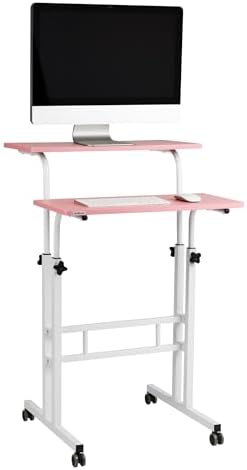 Mind Reader Standing Desk, Adjustable Height Laptop Workstation, Portable Rolling Desk on Wheels, Two-Tier Metal Frame, Black