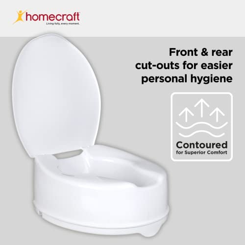 Homecraft Savanah Raised Toilet Seat 2" with Lid, Elongated & Elevated Lock Seat Support for Elderly, Handicapped and Disabled Users, White Colour | Elevated toilet seat riser for seniors and elderly; universal fit for most standard toilets, portable and…