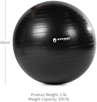 Titan Fitness 65cm Black Exercise Stability Ball, 25.6" Diameter Inflatable Yoga Ball for Home Gym Workouts, Resistance Exercises
