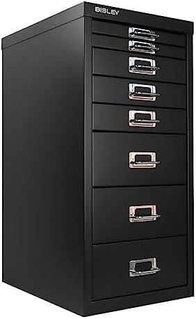 5-Drawer Steel MultiDrawer Cabinet - Orange, by Bisley | Chrome Pull Handles with Label Holders, Powder-Coated Steel, Removable Drawers, Desktop Storage, Labels Included
