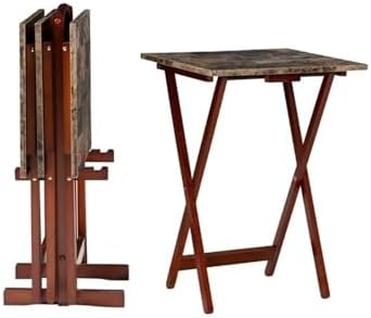 Riverbay Furniture 5 Piece TV Tray Table Set, Faux Marble Tops, Rubberwood and MDF, Brown Finish, Includes 4 Folding Tray Tables and 1 Storage Stand, Compact Design for Living Room or Home Use