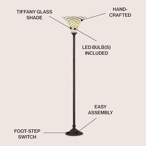 JONATHAN Y 70" Tiffany-Style Stained Glass Metal Torchiere Lamp, Bronze | Handcrafted Cream Bowl Shade, Traditional Art Nouveau Uplight, Foot Switch