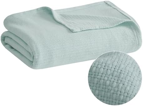 Madison Park 100% Cotton Breathable Queen Size Blanket for Bed, Blue | Freshspun Basketweave, All Season, Farmhouse Classic Bed Cover Full for Summer, OEKO TEX, Warm Home Essential For Couch, Sofa