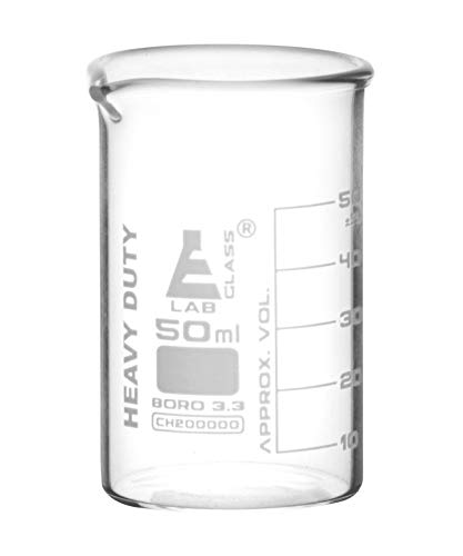 Eisco Measuring Beaker, Borosilicate 3.3 Glass, White Graduations, 50ml | Heat & Chemical Resistant, Thermal Shock Ready, 2.2mm Uniform Walls
