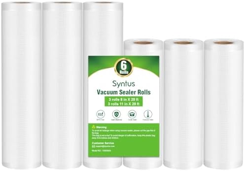 Syntus Vacuum Sealer Bags for Food, 3 Rolls 11" x 20' and 3 Rolls 8" x 20'