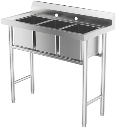 Bonnlo 3-Compartment NSF 304 Stainless Steel Utility Sink Commercial Grade Laundry Tub Culinary Sink for Outdoor Indoor, Garage, Restaurant, Kitchen