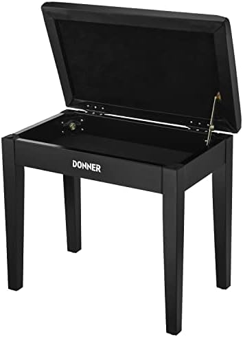Donner Piano Bench with Storage, Solid Wood Keyboard Bench Piano Bookcase Stool Chair Seat with High-Density Sponges Pad, Black