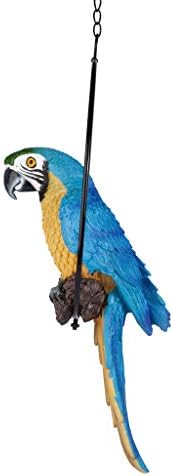 Design Toscano Polly in Paradise Parrot Hanging Bird Ring Perch Indoor/Outdoor Statue, Medium 14 Inch Tall, Cast Stone Resin, Blue Yellow Finish