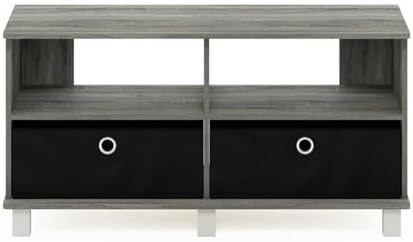 Furinno Andrey Entertainment Center with Bin Drawers, French Oak Grey/Black | Open Shelf TV Console for TV up to 46 Inch with Bin Drawers