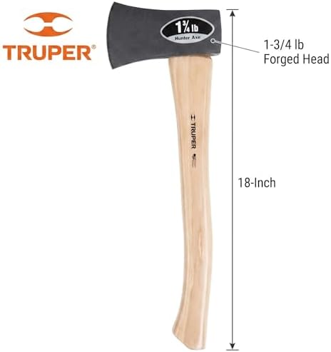 Truper 1-3/4 lb Hunter Axe, 18-Inch American Hickory Handle, Forged Steel Head, Compact Camping and Survival Hatchet (Model HHU-1 3/4H / 32717)