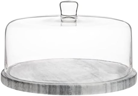 Marble Cake Stand with Glass Dome Cover | 12.5" Natural Marble Cake Plate, 12" 100% Handblown Glass Lid