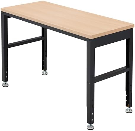 Antifir 60" Adjustable Workbench, Heavy Duty Wood Workstation | Garage Workbench, 2000 LBS Load Capacity, Work Table with Power Outlet and Foot Pads for Commercial, Workshop, Office, Home